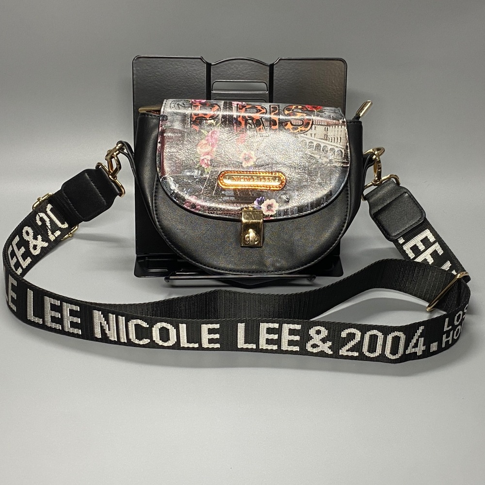 Nicole Lee Crossbody Bag Womens Small Black Excellent Paris Floral Logo Strap